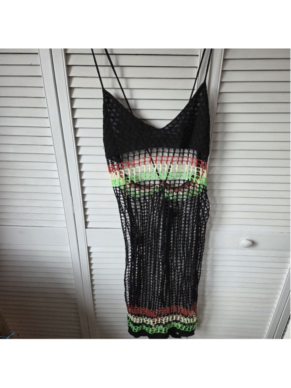 Women's Unbranded Black Crochet Knit Swim Coverup with Red & Green Stripes